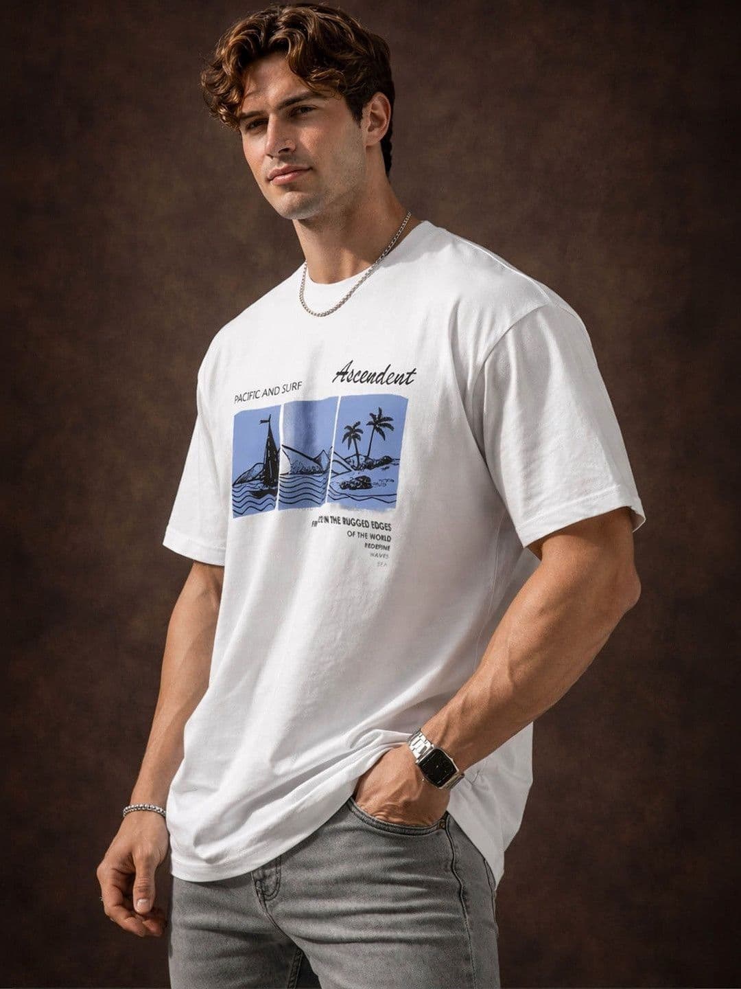 The Roadster Lifestyle Co Printed Pure Cotton Round Neck Oversized Tshirt thumbnail 3