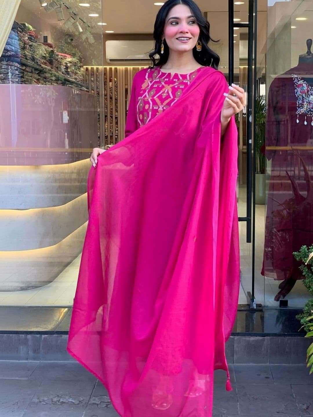 ANAND Women Ethnic Motifs Embroidered Pleated Thread Work Kurta with Trousers & With Dupatta thumbnail 4