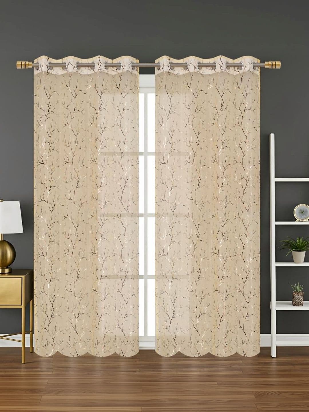 RIDHAAN Cream-Coloured Set of 2 Sheer Long Door Curtain - view 1