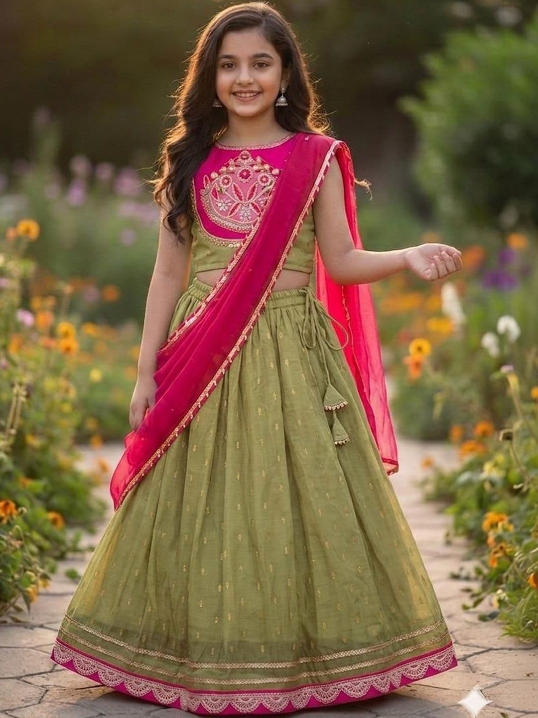 RJ ONLINE Girls Floral Woven Design Ready to Wear Lehenga & Blouse With Dupatta - view 1
