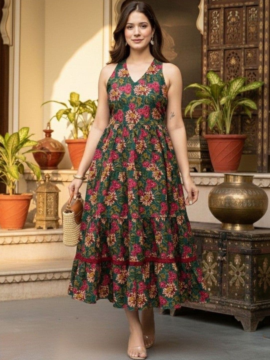 Demirner Women Floral Printed Halter Neck A-Line Ethnic Dress thumbnail 4