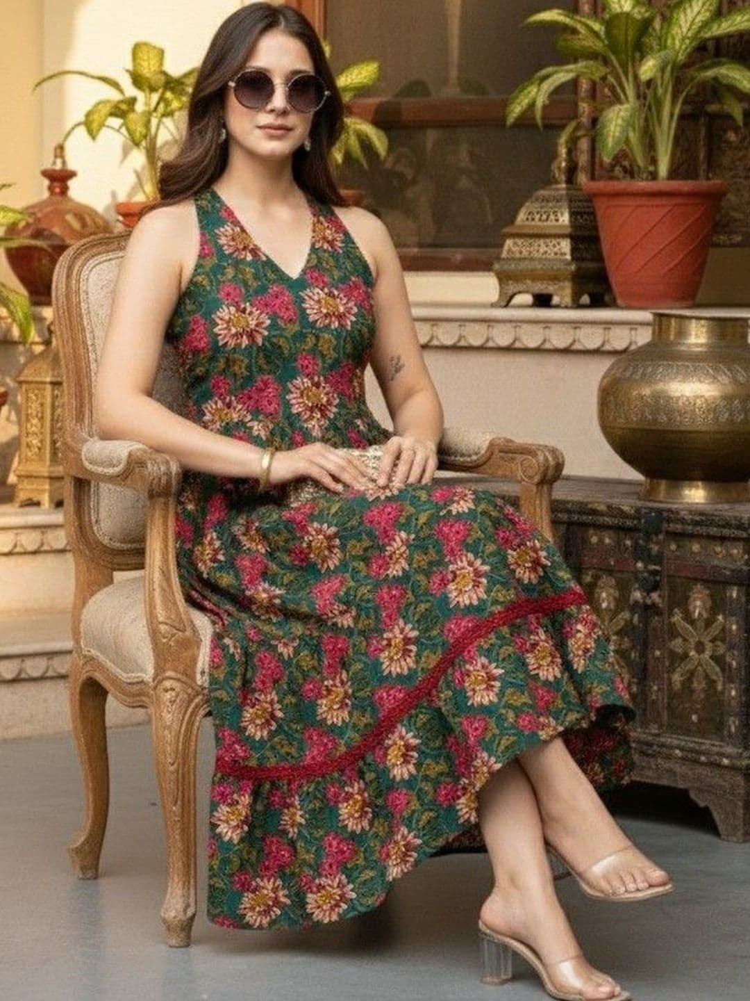 Demirner Women Floral Printed Halter Neck A-Line Ethnic Dress thumbnail 7