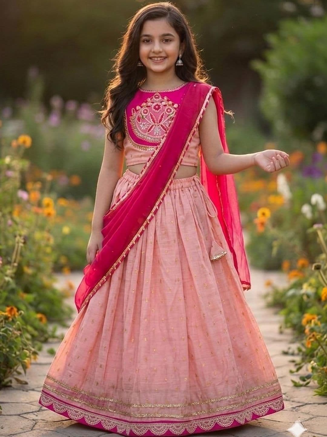 RJ ONLINE Girls Embroidered Foil Print Ready to Wear Lehenga & Blouse With Dupatta - view 1