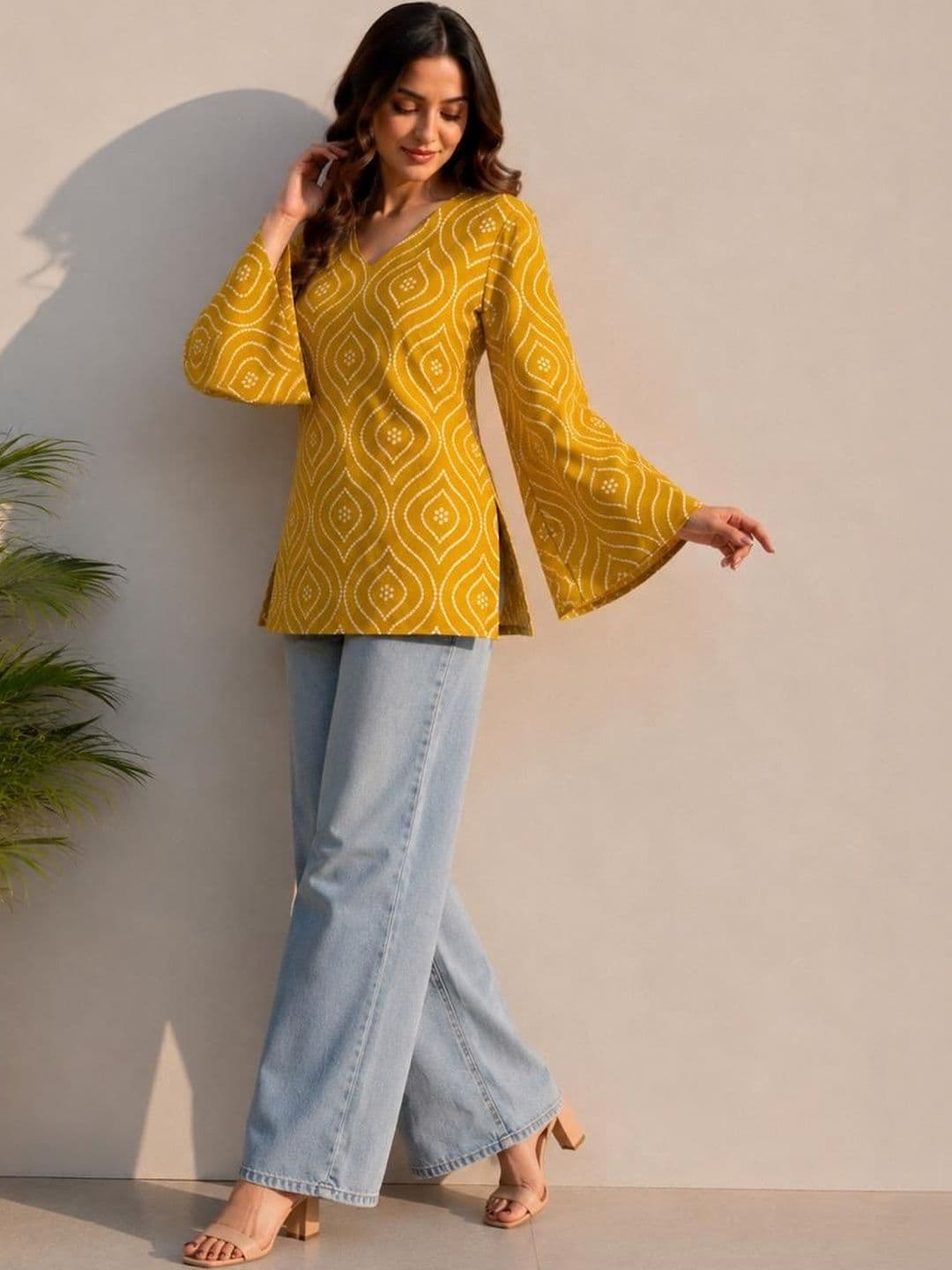 Sangria Printed V-Neck Above Knee Straight Kurtas - view 1