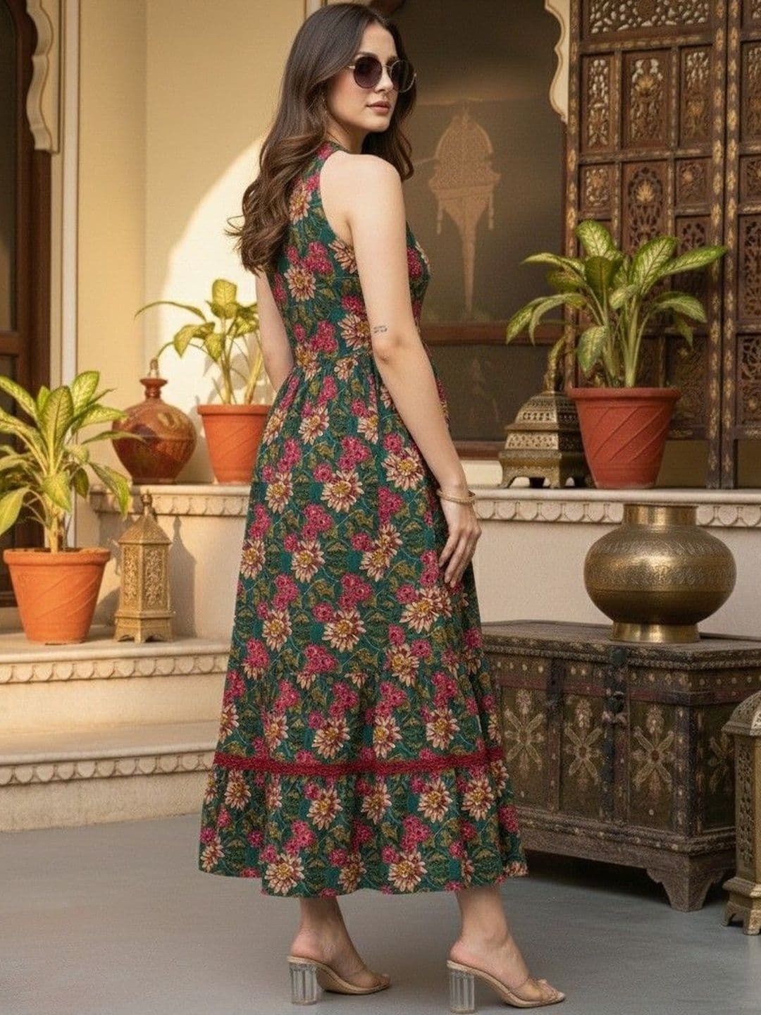 Demirner Women Floral Printed Halter Neck A-Line Ethnic Dress thumbnail 6