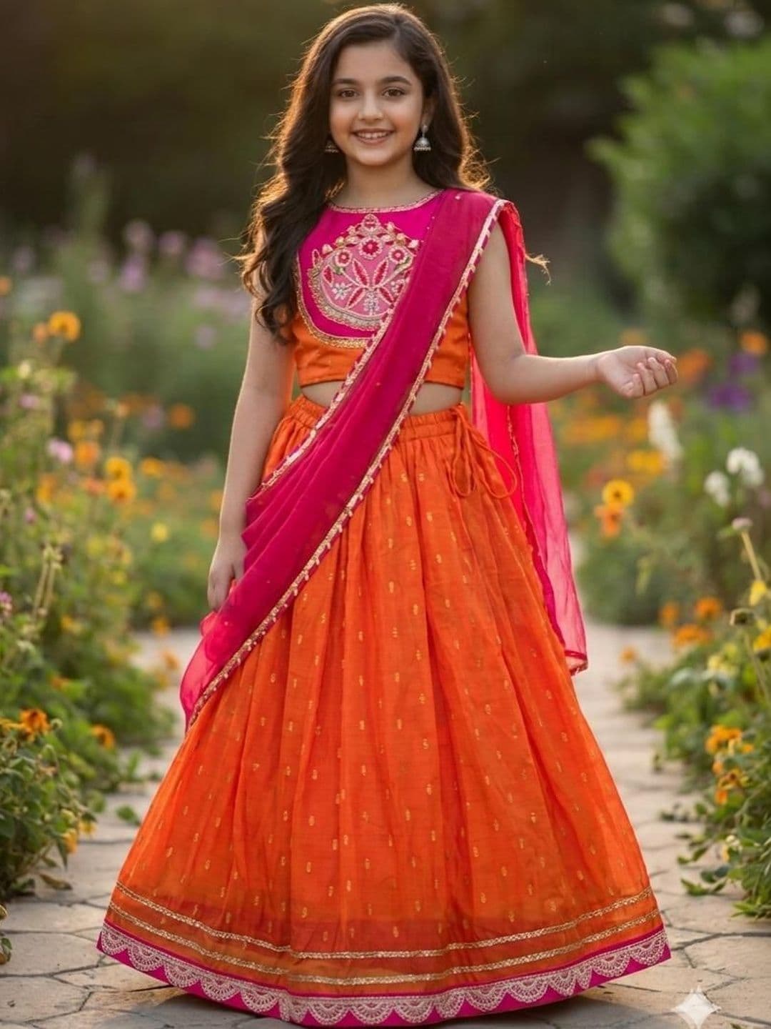 RJ ONLINE Girls Embroidered Thread Work Tie and Dye Lehenga & Blouse With Dupatta - view 1