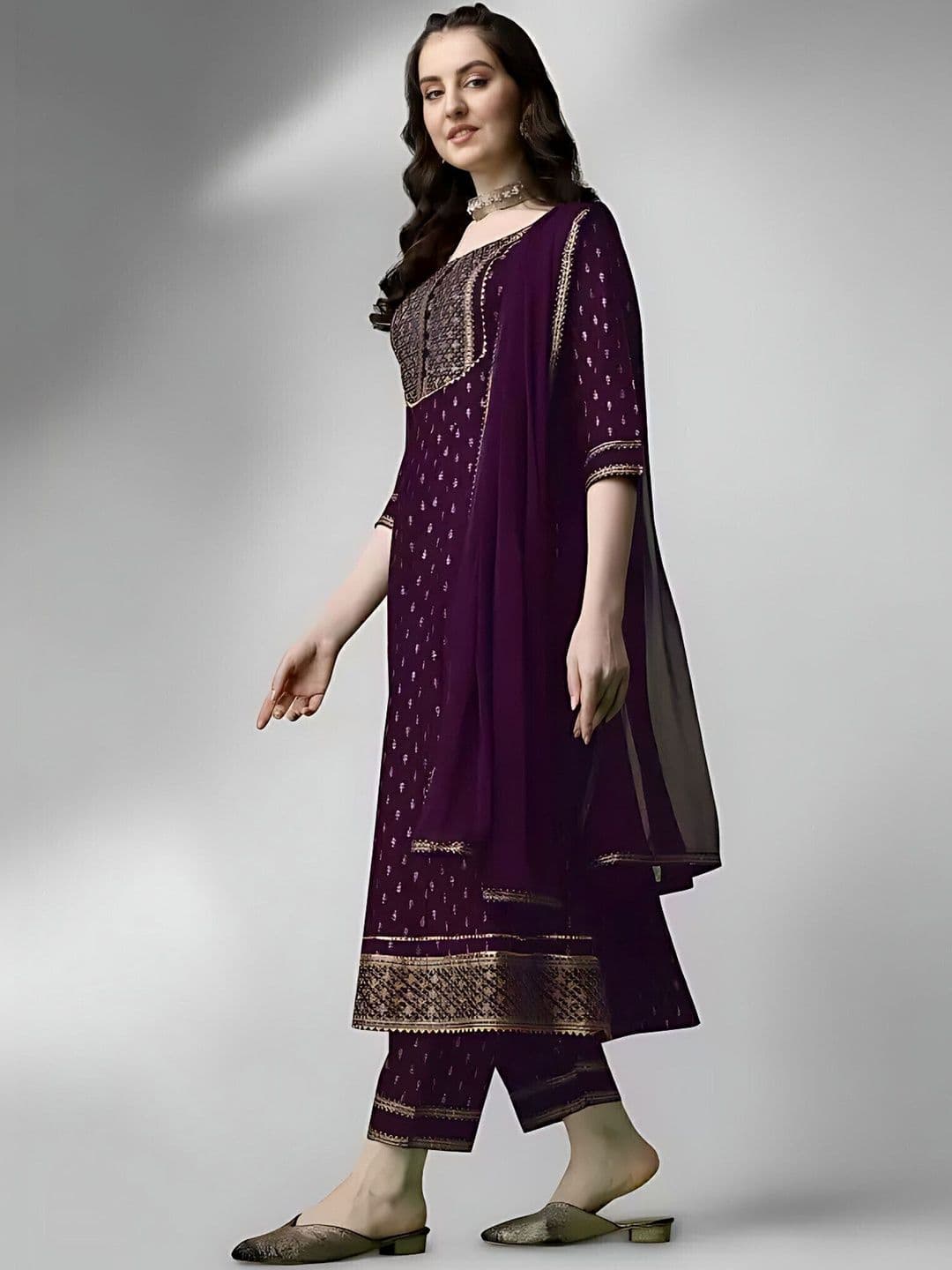 QUEENSFAB Women Ethnic Motifs Printed Panelled Thread Work Kurta with Trousers & With Dupatta thumbnail 3