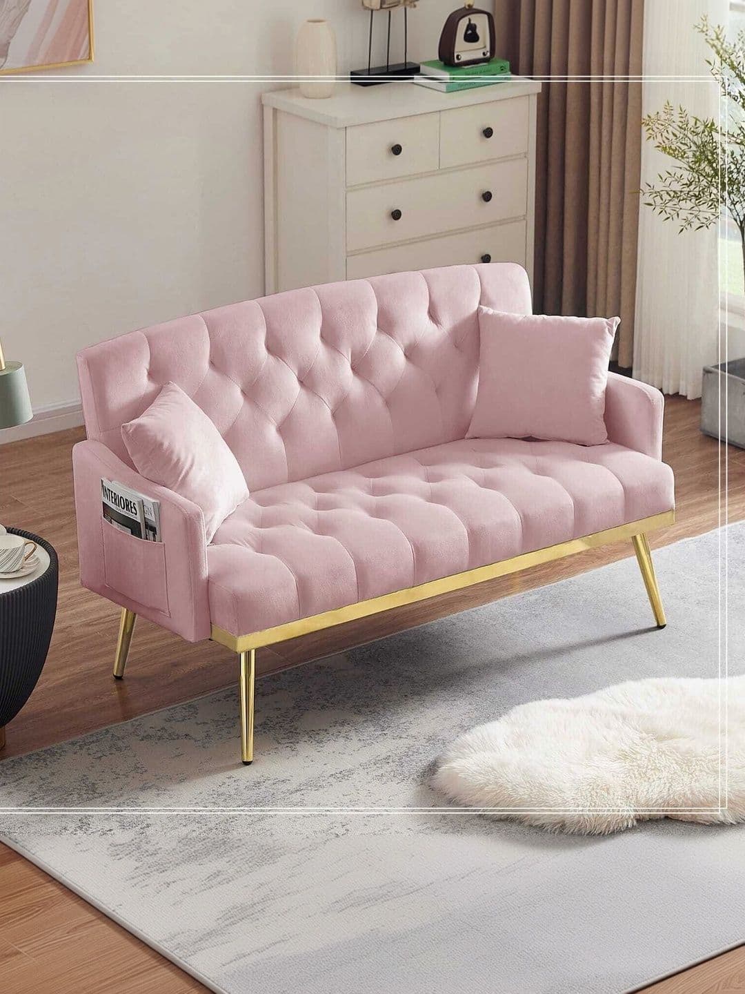 INDIAWOODMART Pink Textured Wooden 2 Seater Sofa thumbnail 7