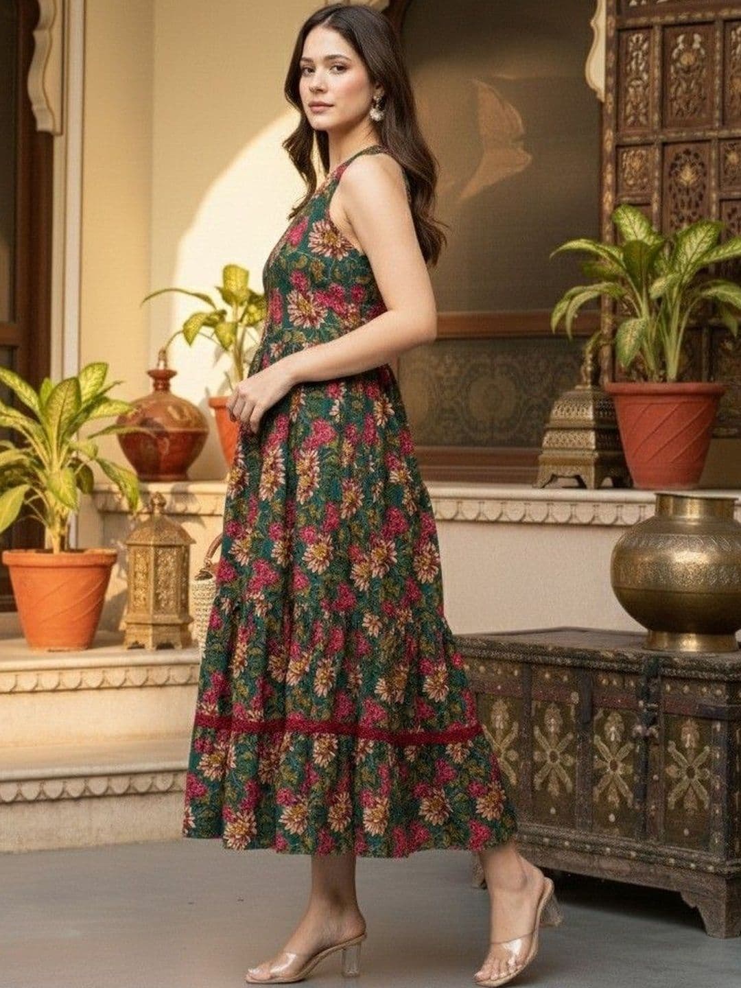 Demirner Women Floral Printed Halter Neck A-Line Ethnic Dress thumbnail 3