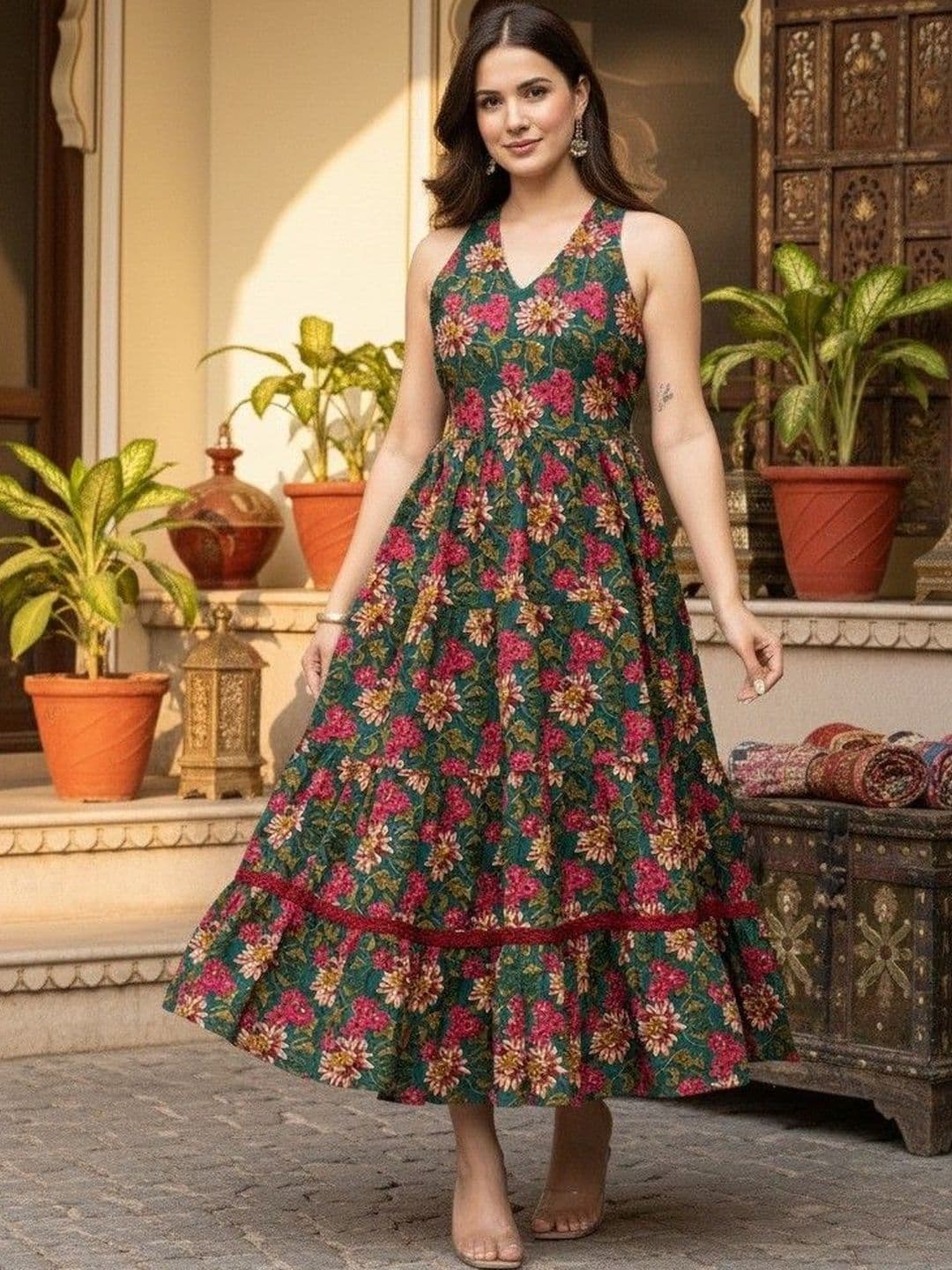 Demirner Women Floral Printed Halter Neck A-Line Ethnic Dress thumbnail 2