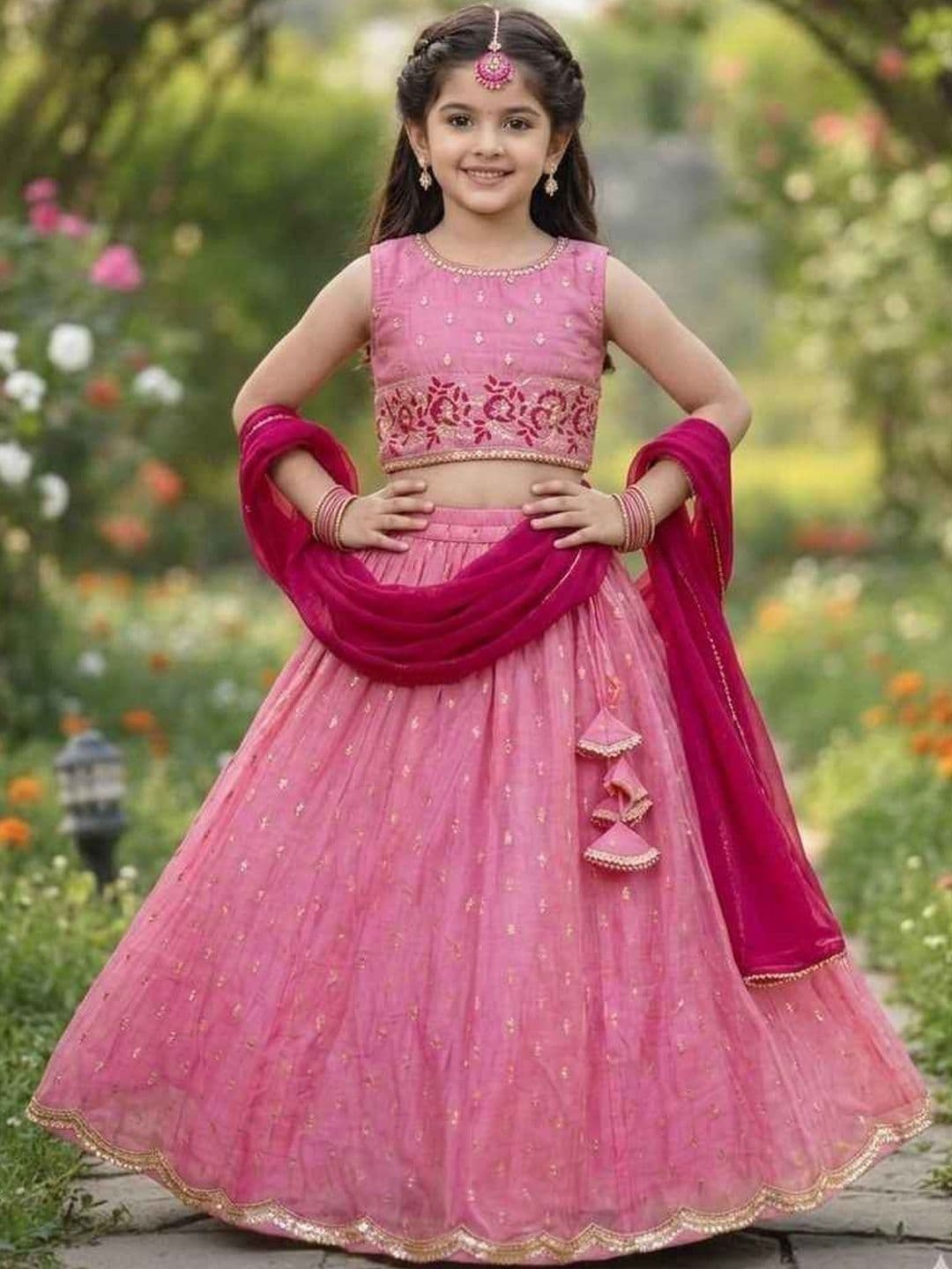 RJ ONLINE Girls Embroidered Thread Work Foil Print Ready to Wear Lehenga & Blouse With Dupatta - view 1