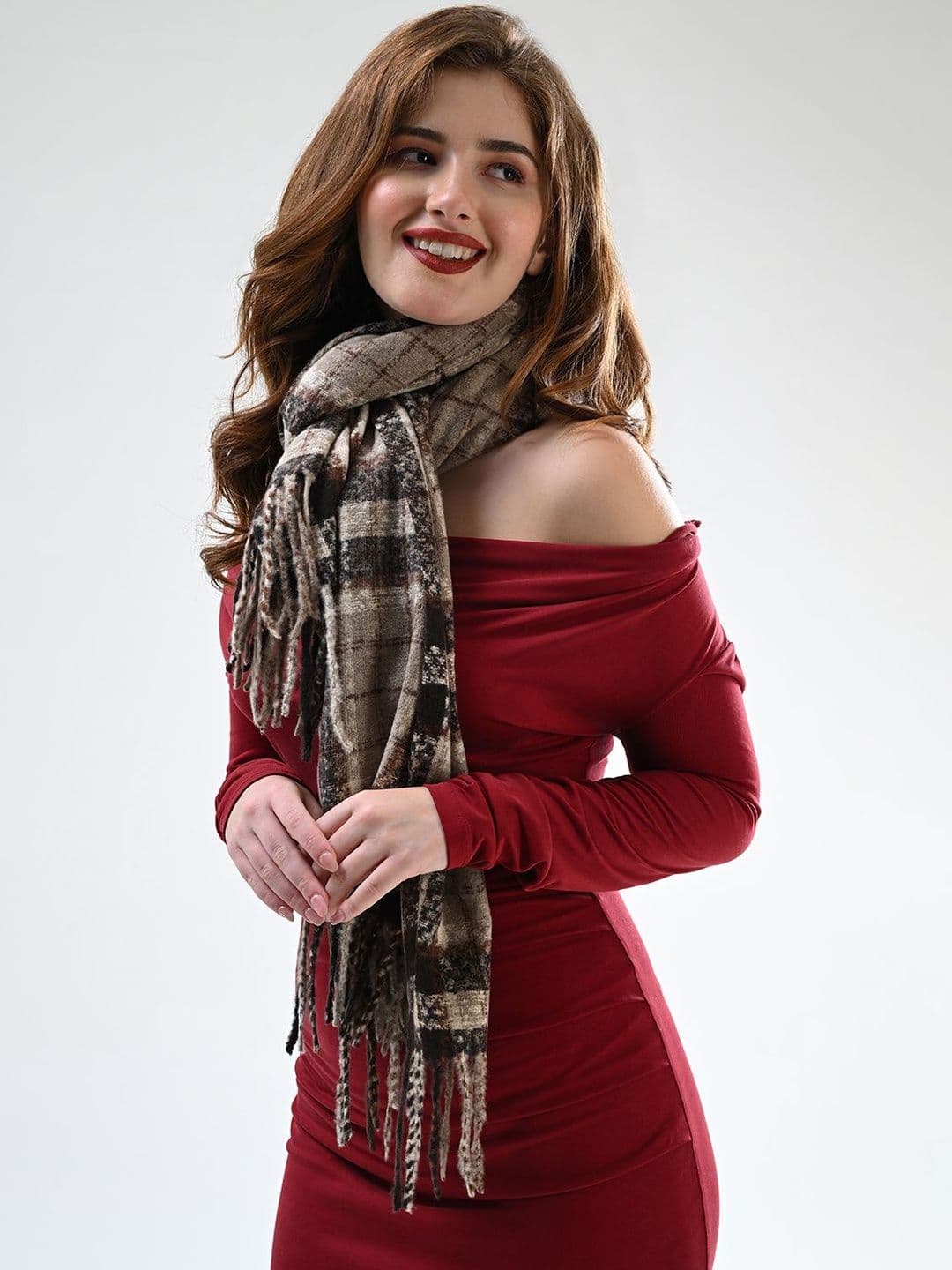 Cazzano Women Checked Woven Design Shawl thumbnail 2