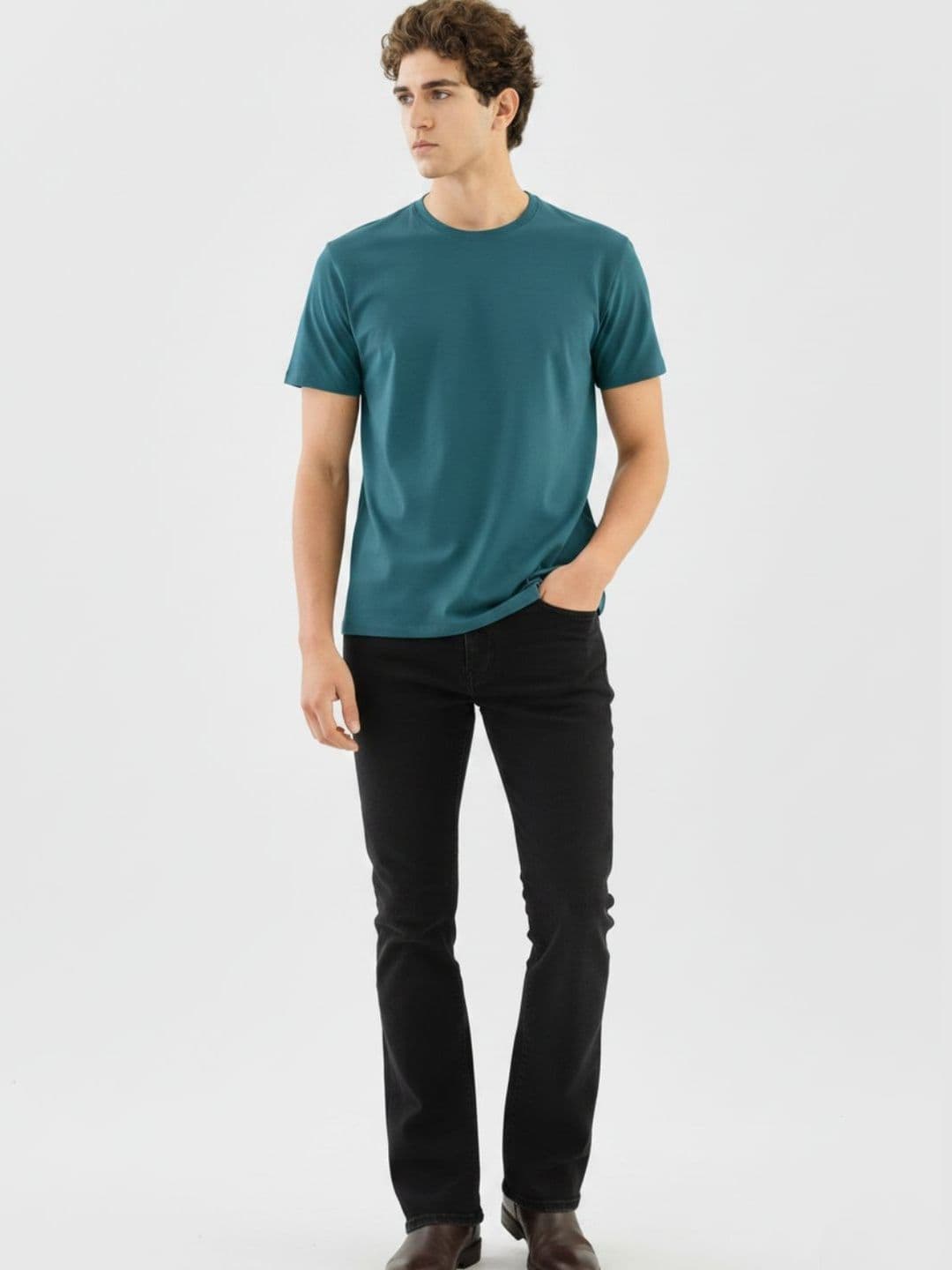 Mast & Harbour Rigo Men Teal Soild Round Neck Regular Fit Cotton T-shirt thumbnail 4