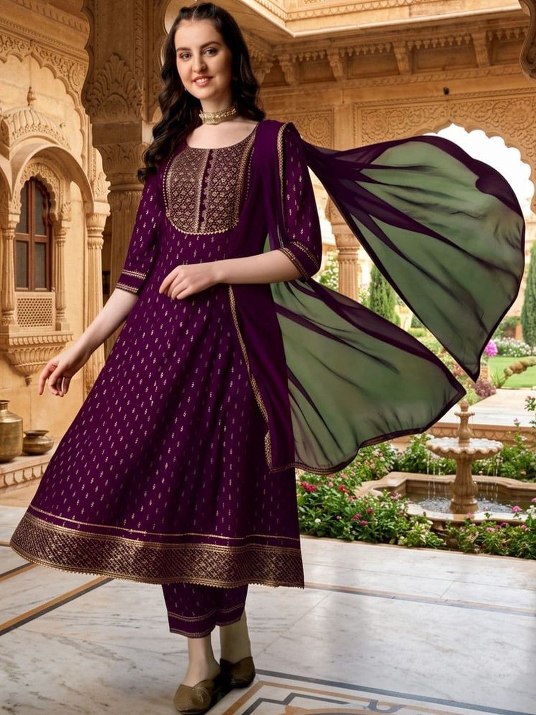 QUEENSFAB Women Ethnic Motifs Printed Panelled Thread Work Kurta with Trousers & With Dupatta - view 1