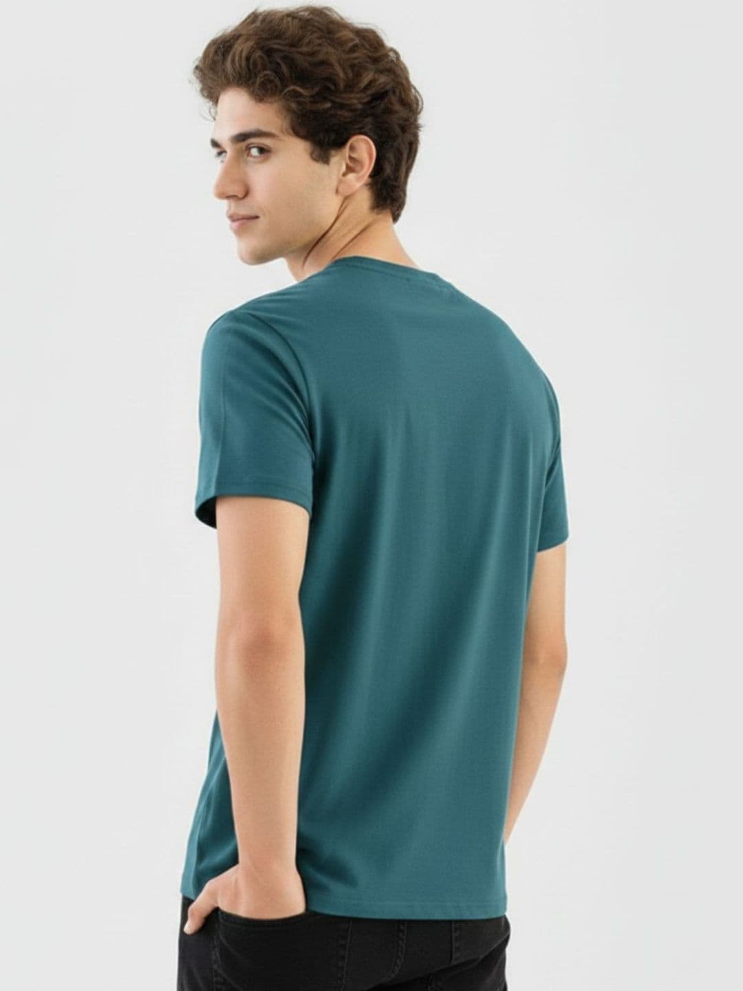 Mast & Harbour Rigo Men Teal Soild Round Neck Regular Fit Cotton T-shirt thumbnail 5