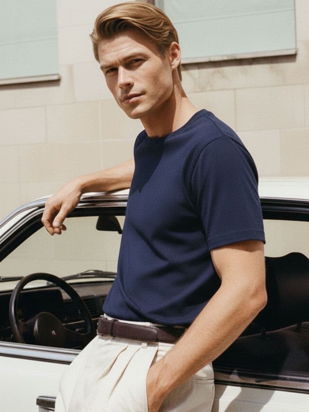 Mast & Harbour Rigo Men Navy Blue Solid Round Neck Regular Fit Cotton T-shirt thumbnail 5