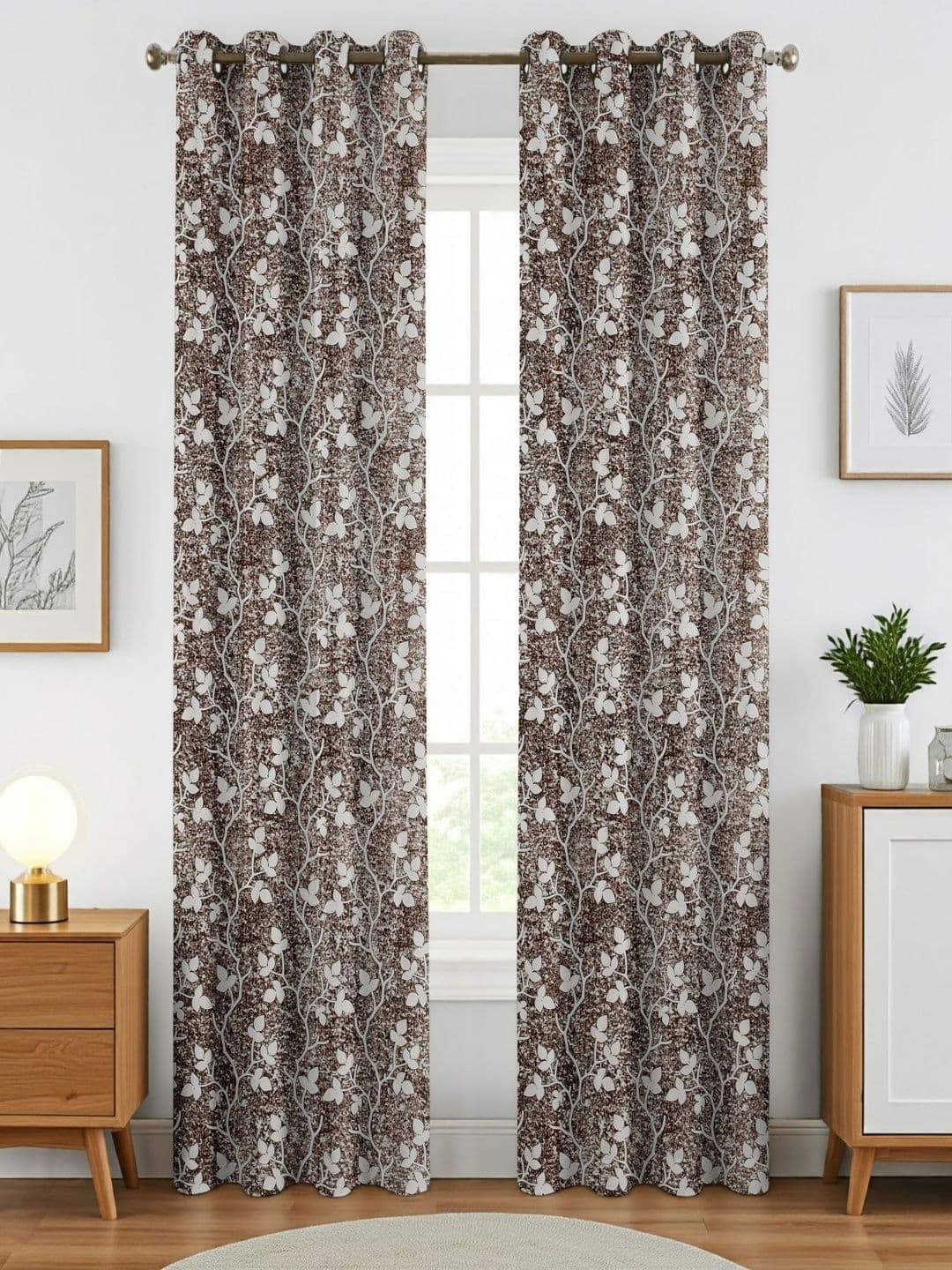 Aura Brown & White Set of 2 Floral Long Door Curtain thumbnail 3