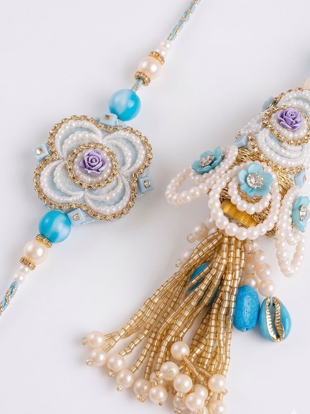 NVR Set Of 2 Pearls & Artificial Stones Floral Bhaiya Bhabhi Rakhi With Roli Chawal thumbnail 5