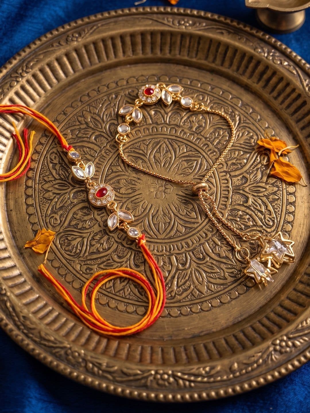 NVR Set Of 2 Kundan Studded Gold Toned Bhaiya Bhabhi Rakhi With Roli Chawal thumbnail 7