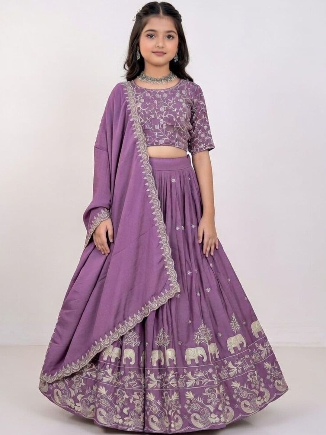 Closin Girls Embroidered Thread Work Semi-Stitched Lehenga & Blouse With Dupatta - view 1