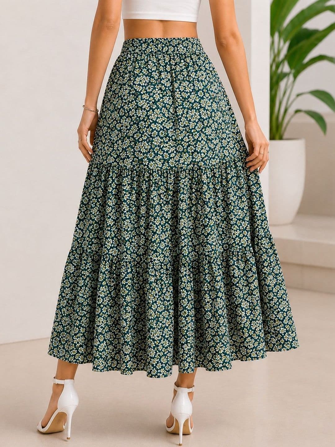 AmorLuxe Women Crepe Floral Micro or Ditsy Print Midi Tiered Skirt thumbnail 5