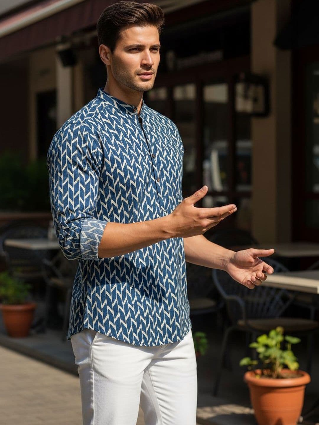 RICH STAG Men Geometric Printed Indigo Kurta thumbnail 5