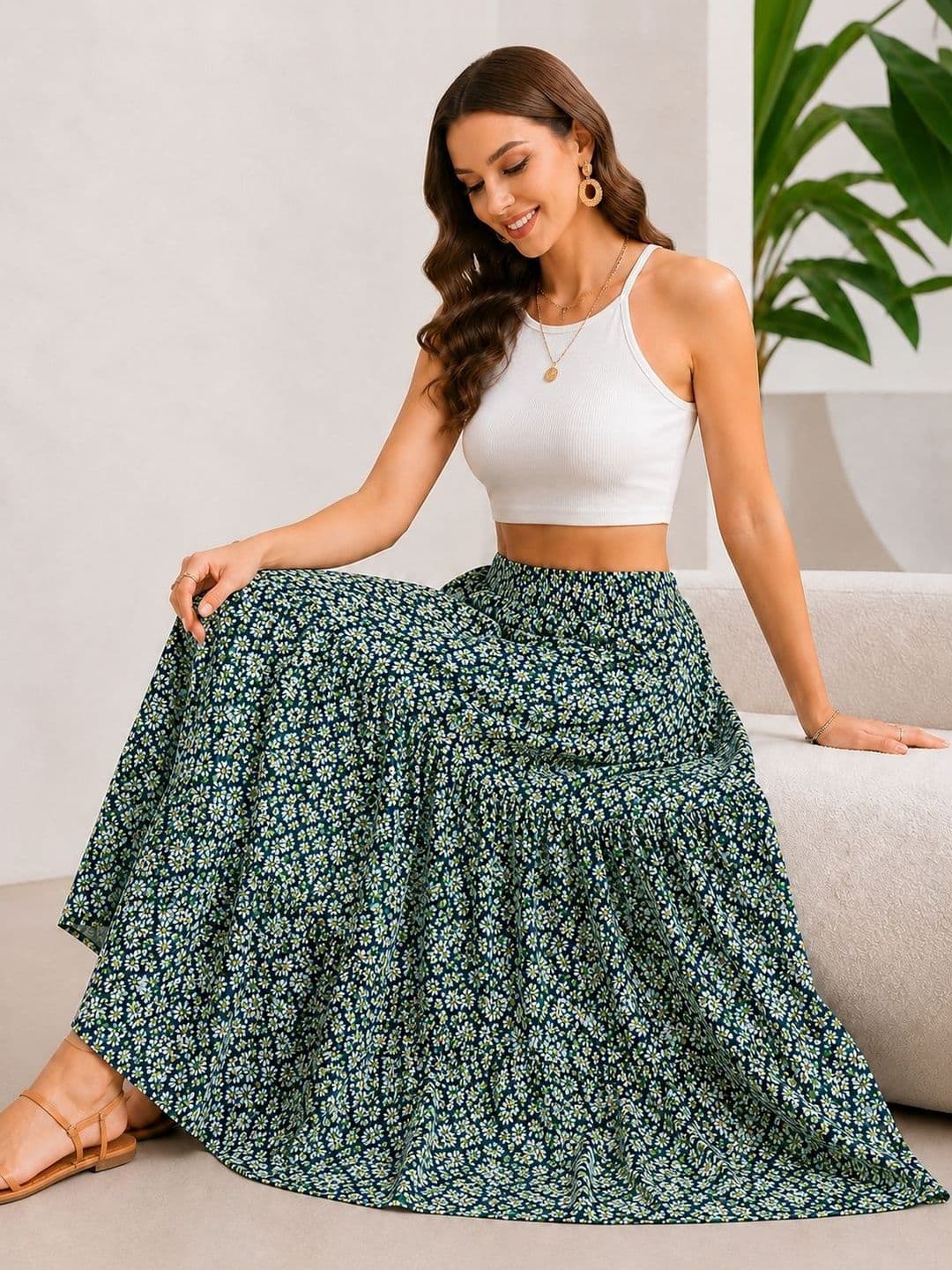 AmorLuxe Women Crepe Floral Micro or Ditsy Print Midi Tiered Skirt thumbnail 4