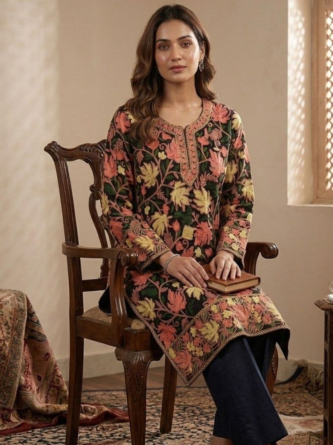 KTI Botanical Embroidered V-Neck Thread Work Thread Work Kurti thumbnail 5