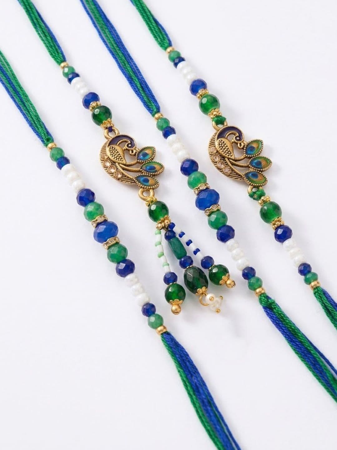 NVR Set Of 4 Green Peacock Design Artificial Beads Thread Rakhi With Roli Chawal thumbnail 4