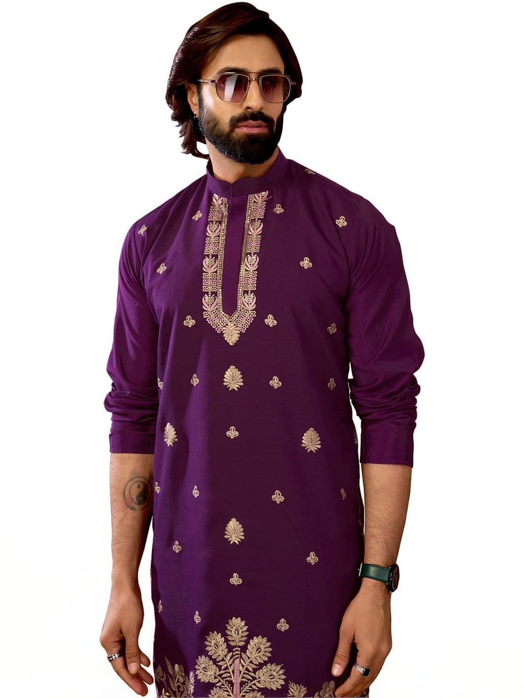 House of Pataudi Embroidered Cotton Mandarin Collar Knee Length Straight Kurta thumbnail 2