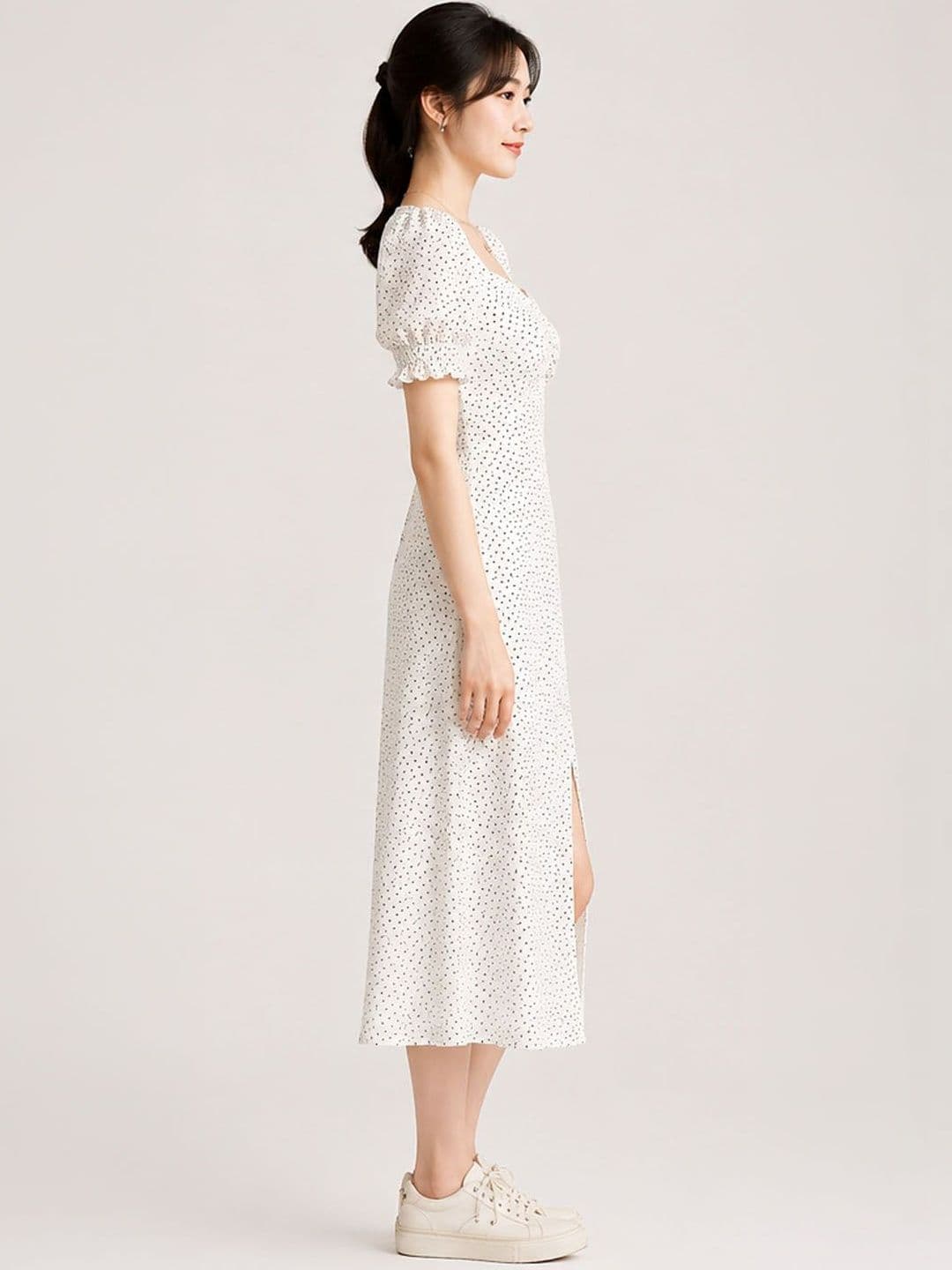 DressBerry Polka Dot Print Puff Sleeve Sheath Midi Dress thumbnail 2