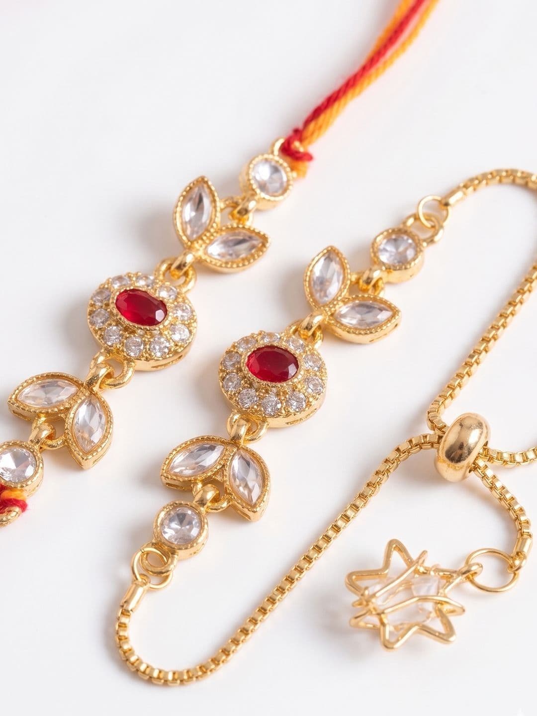 NVR Set Of 2 Kundan Studded Gold Toned Bhaiya Bhabhi Rakhi With Roli Chawal thumbnail 6
