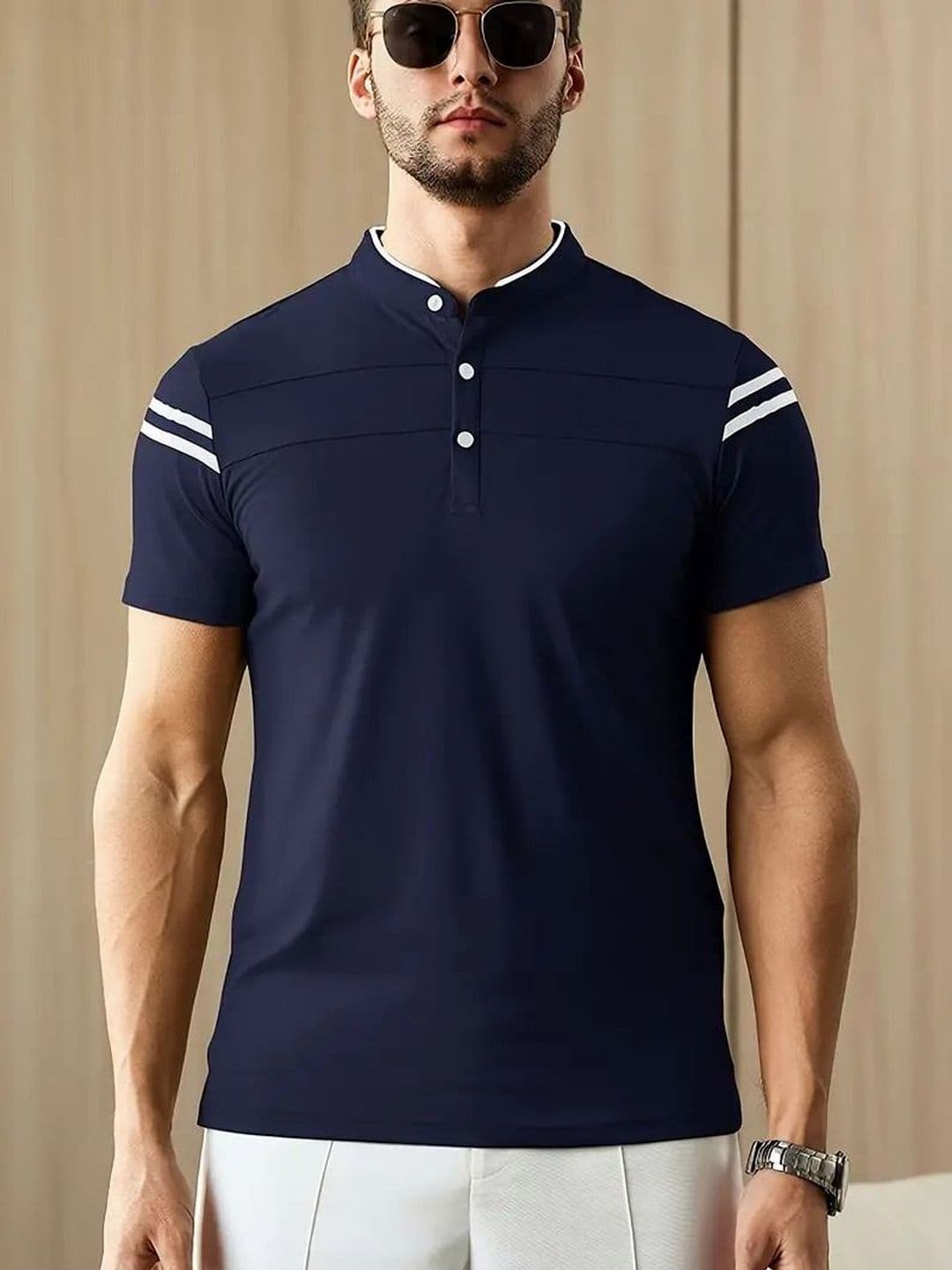 Mast & Harbour Men Colourblocked Mandarin Collar T-shirt thumbnail 2