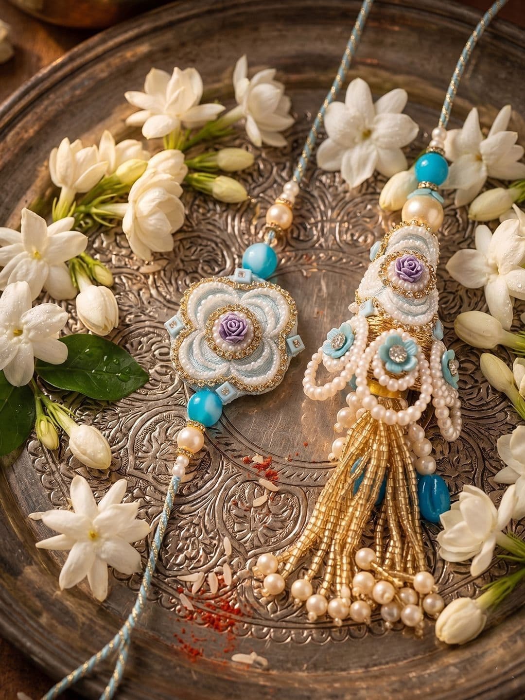 NVR Set Of 2 Pearls & Artificial Stones Floral Bhaiya Bhabhi Rakhi With Roli Chawal thumbnail 4