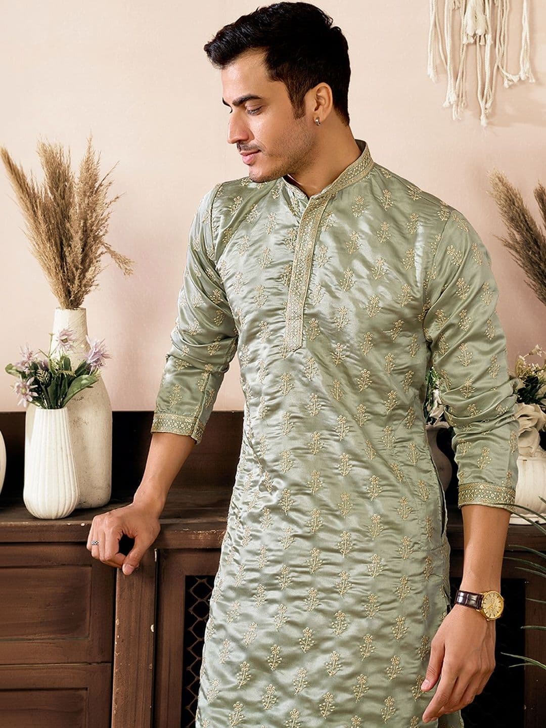 House of Pataudi Embroidered Cotton Mandarin Collar Knee Length Straight Kurta thumbnail 3