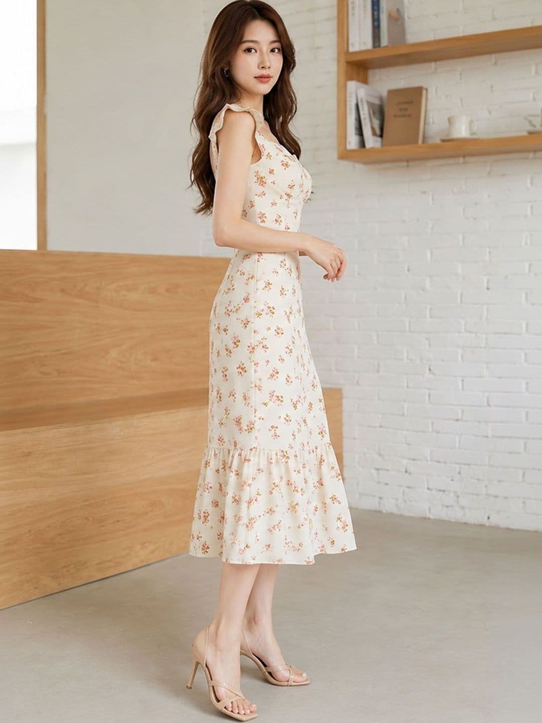 DressBerry Floral Print Ruffled Sheath Midi Dress thumbnail 4