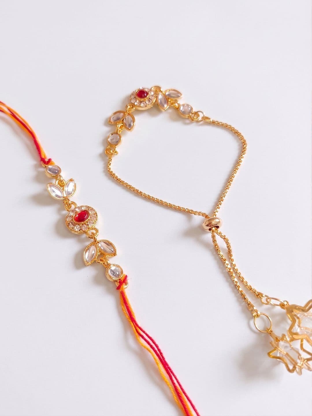 NVR Set Of 2 Kundan Studded Gold Toned Bhaiya Bhabhi Rakhi With Roli Chawal thumbnail 4