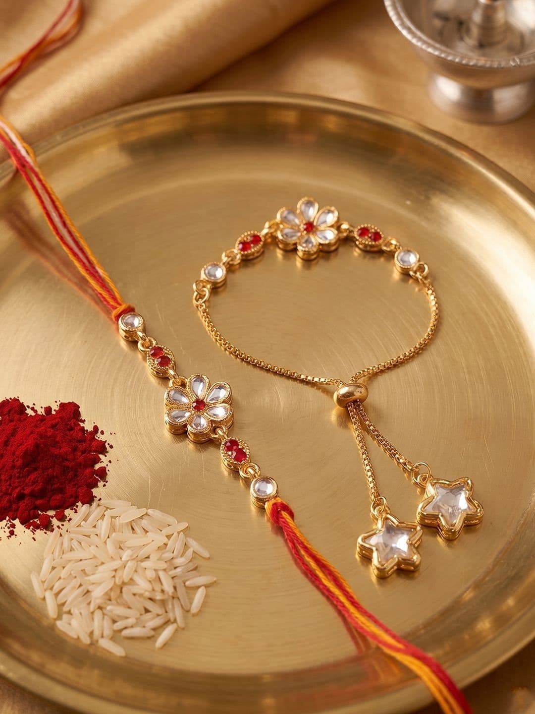 NVR Set Of 2 Gold Toned Kundan Studded Bhaiya Bhabhi Rakhi With Roli Chawal thumbnail 5