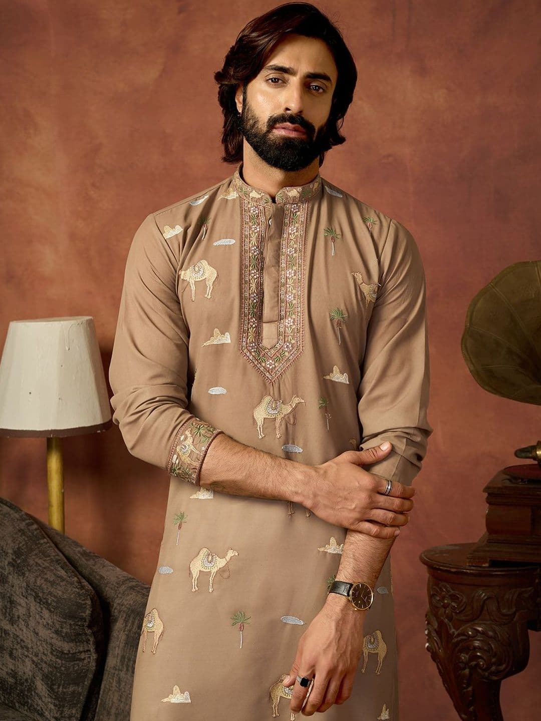 House of Pataudi Embroidered Cotton Mandarin Collar Knee Length Straight Kurta thumbnail 6