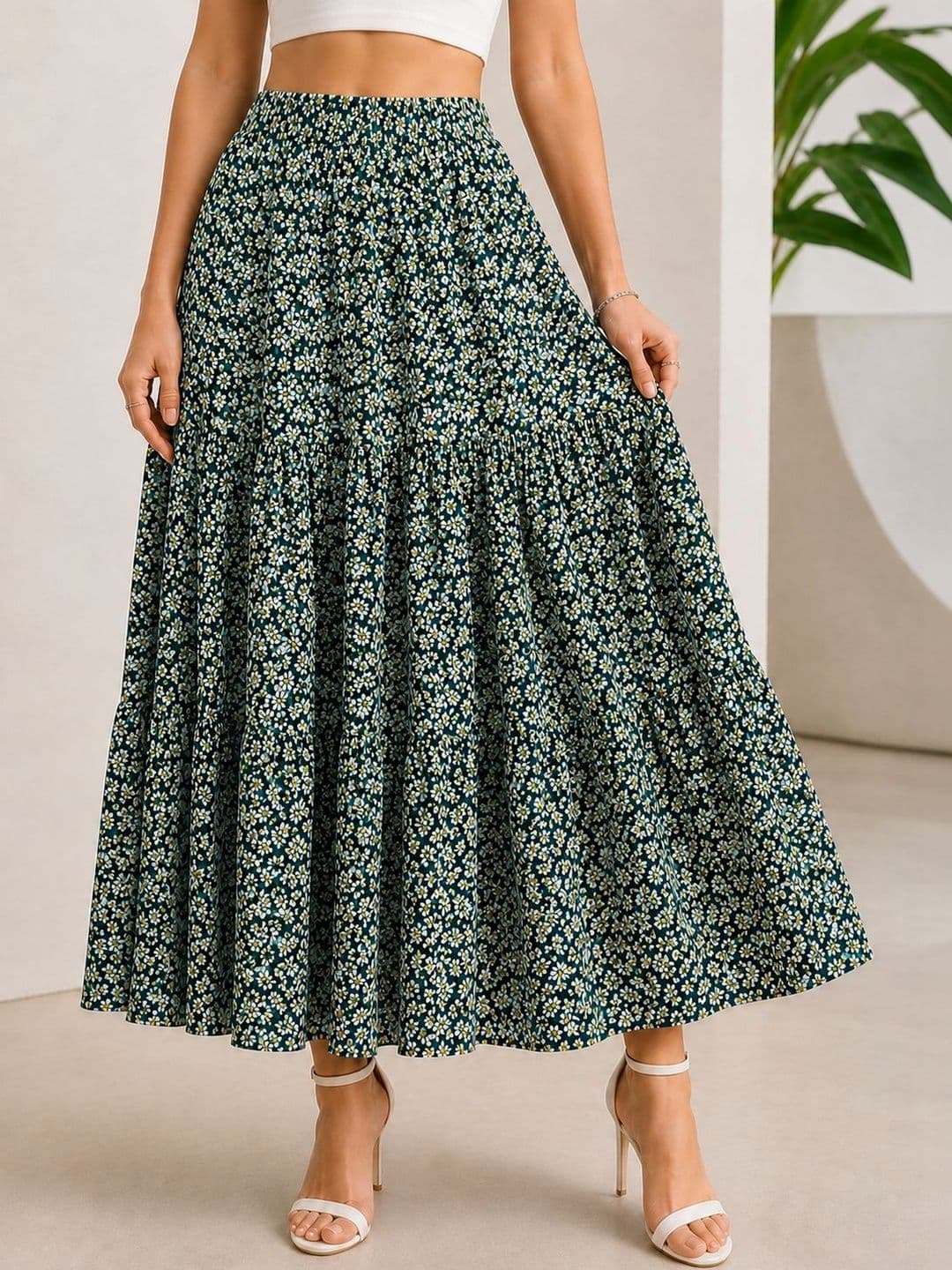 AmorLuxe Women Crepe Floral Micro or Ditsy Print Midi Tiered Skirt thumbnail 2