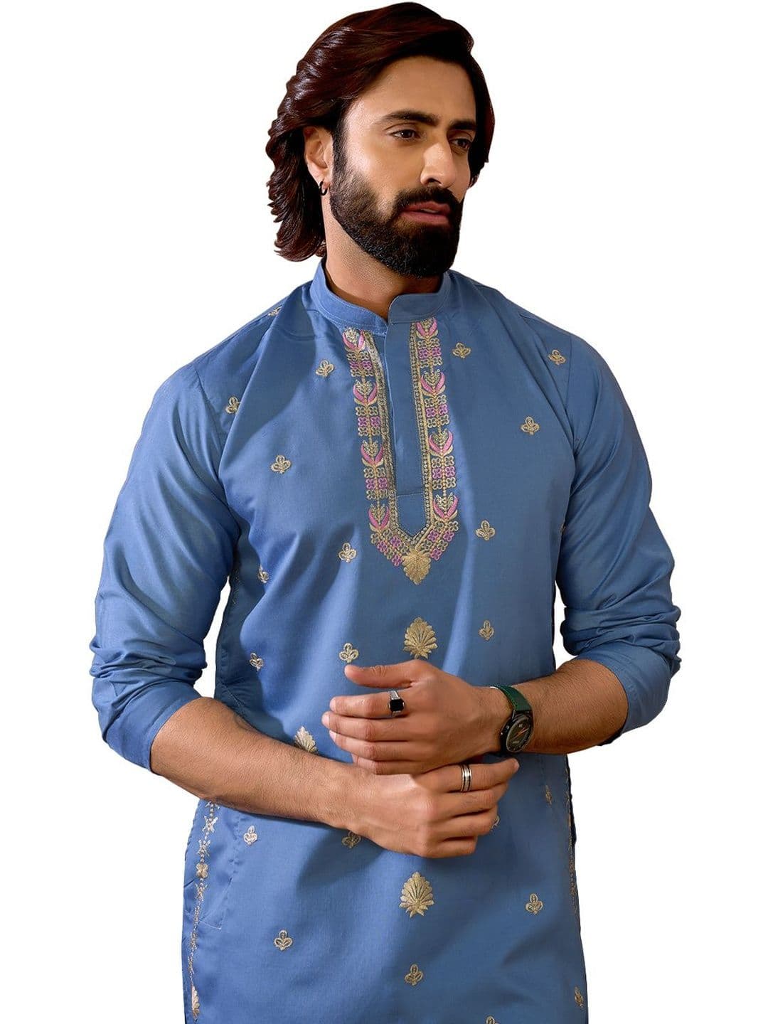 House of Pataudi Embroidered Cotton Mandarin Collar Knee Length Straight Kurta thumbnail 6