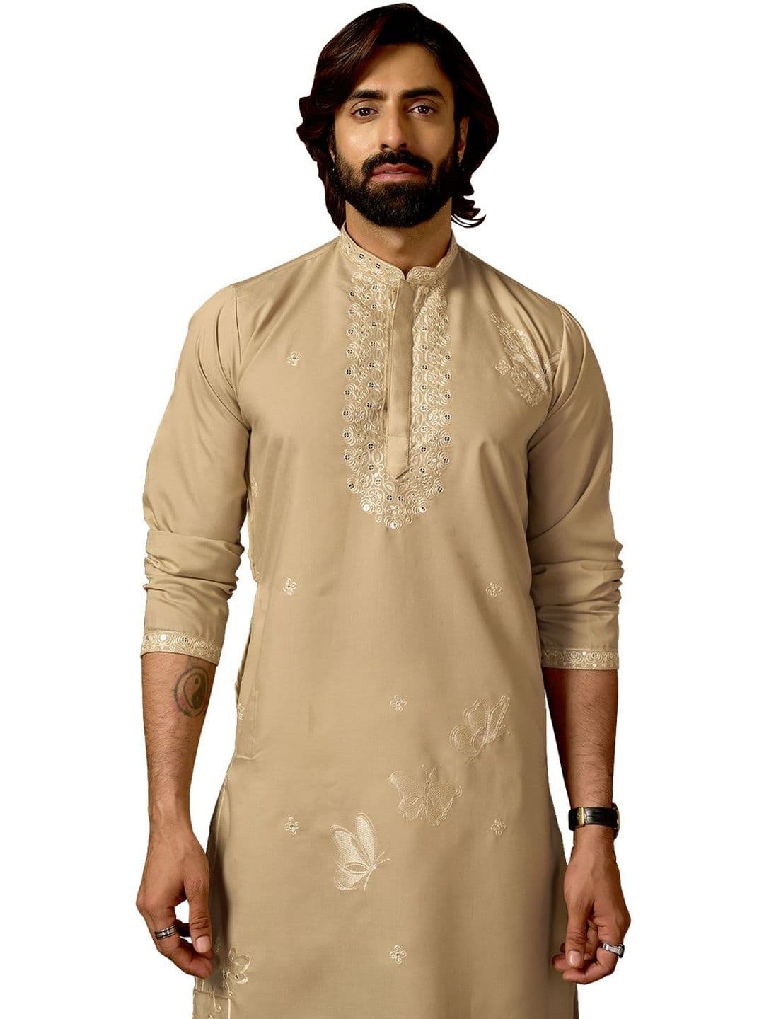 House of Pataudi Embroidered Cotton Mandarin Collar Knee Length Straight Kurtas - view 1