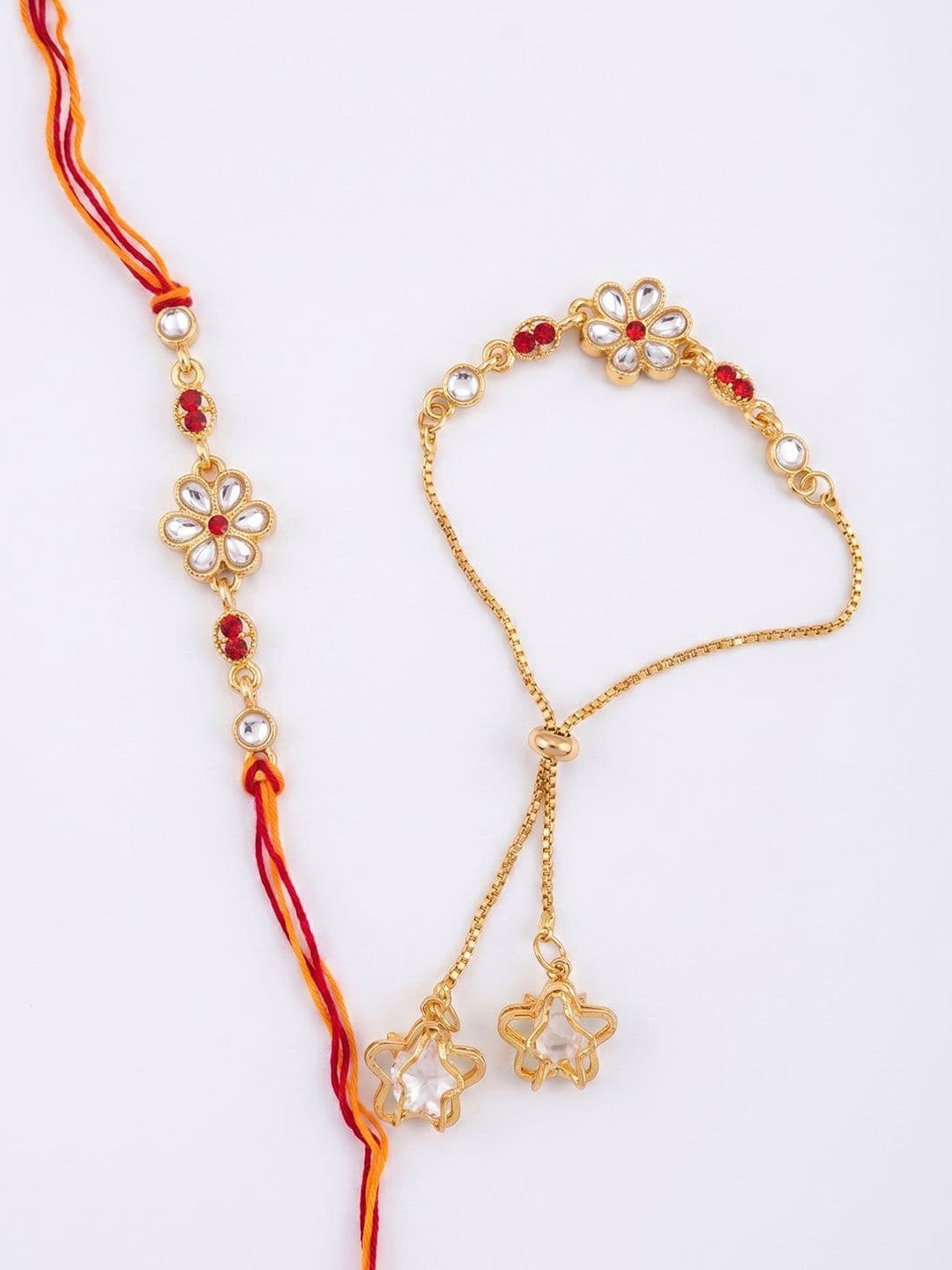 NVR Set Of 2 Gold Toned Kundan Studded Bhaiya Bhabhi Rakhi With Roli Chawal thumbnail 2