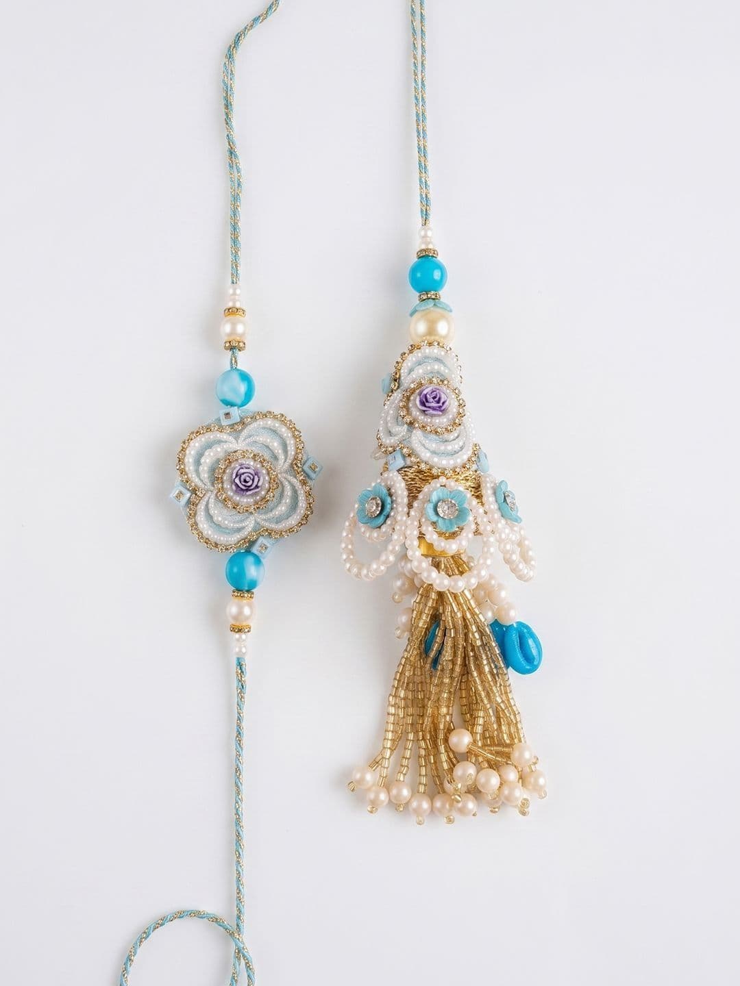 NVR Set Of 2 Pearls & Artificial Stones Floral Bhaiya Bhabhi Rakhi With Roli Chawal thumbnail 6