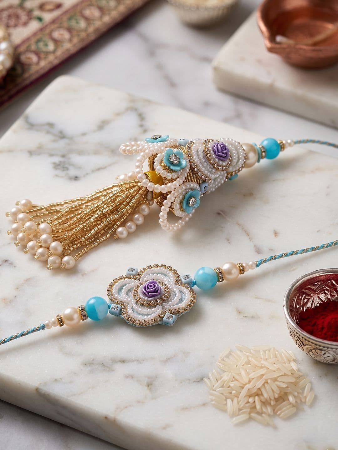 NVR Set Of 2 Pearls & Artificial Stones Floral Bhaiya Bhabhi Rakhi With Roli Chawal - view 1
