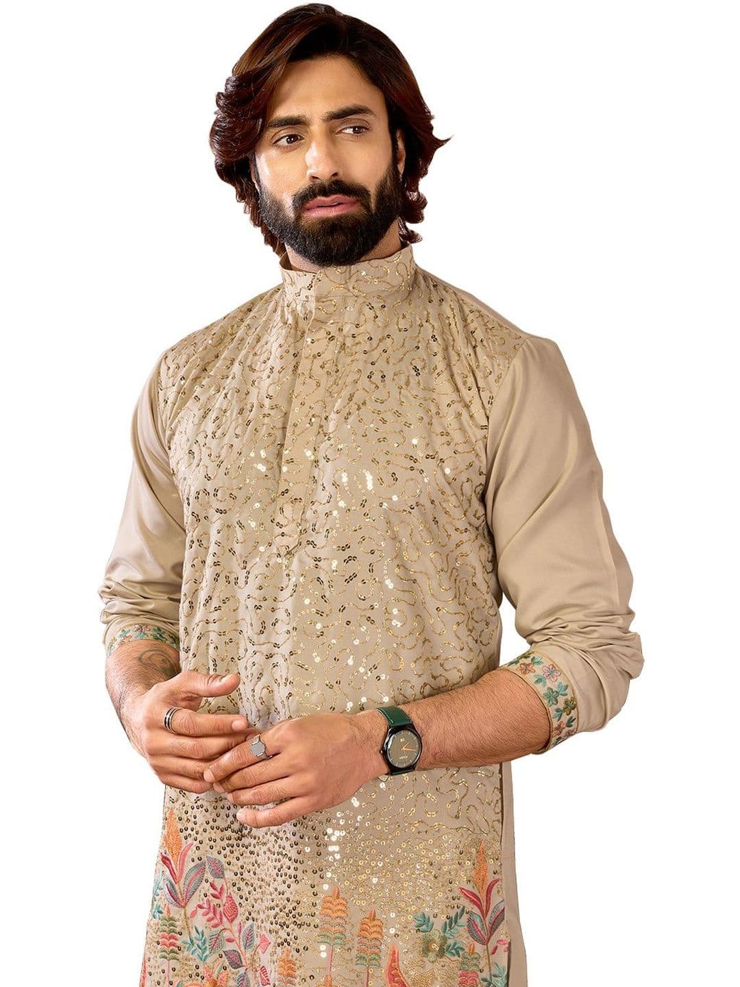 House of Pataudi Men Embroidered Cotton Mandarin Collar Straight Kurtas thumbnail 6