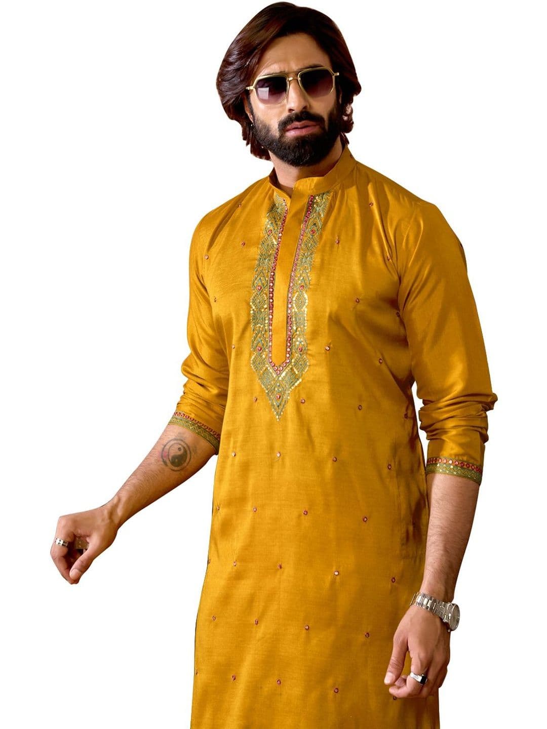 House of Pataudi Embroidered Cotton Mandarin Collar Knee Length Straight Kurta thumbnail 5