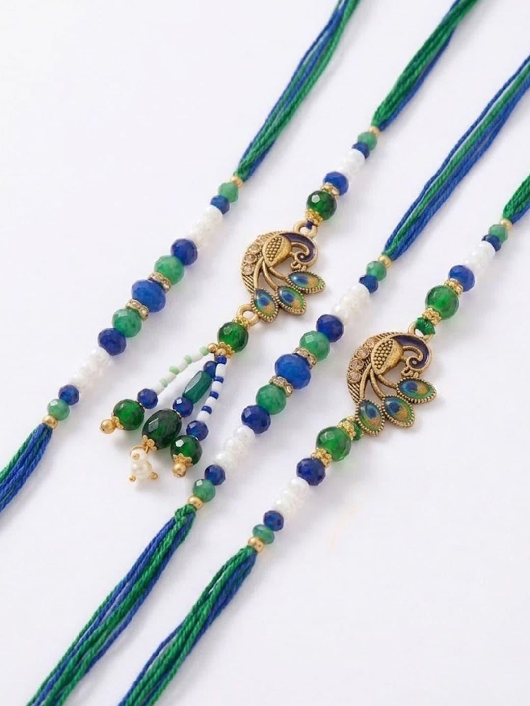 NVR Set Of 4 Green Peacock Design Artificial Beads Thread Rakhi With Roli Chawal thumbnail 2