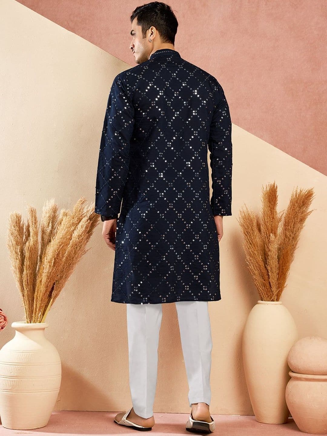 House of Pataudi Embroidered Cotton Mandarin Collar Knee Length Straight Kurta thumbnail 3