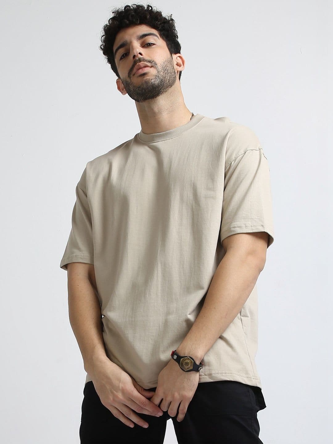 THE BEETEL HOUSE Beige Relaxed Fit Round Neck T-Shirt thumbnail 6
